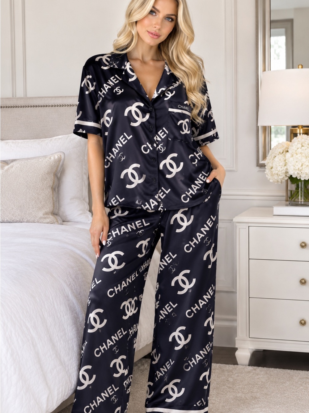 FASHION Black Satin Like Logo Pajama Set - Women's Sleepwear
